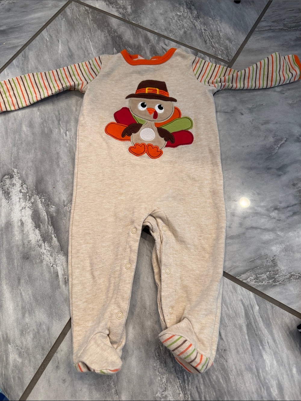 Baby Essentials Beige Footed One-Piece with Multicolor Turkey Applique